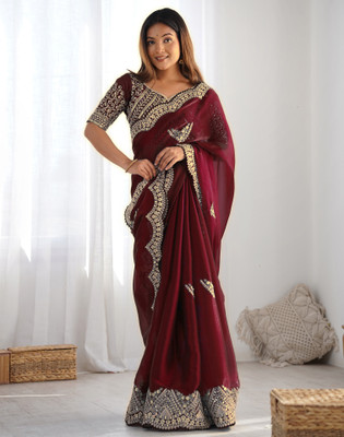 Satrani Embellished, Embroidered Bollywood Organza Saree(Maroon)