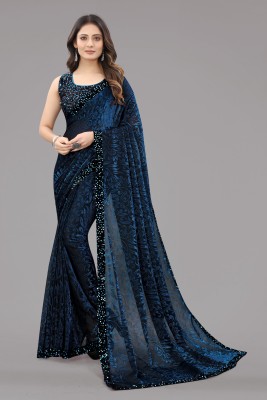 VVH Embellished Bollywood Lycra Blend Saree(Dark Blue)