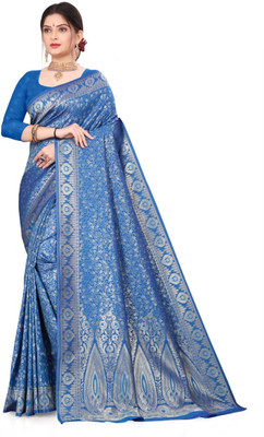 SHRET FABRICS Woven Kanjivaram Nylon Saree(Blue)
