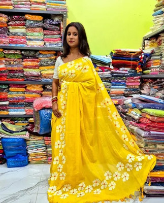 GLOWMOROUS Printed Handloom Pure Cotton Saree(Yellow)