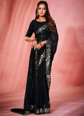 zili Striped, Embroidered, Self Design Bollywood Georgette Saree(Black)
