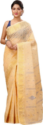 Kanokanjoli Woven Jamdani Handloom Cotton Blend Saree(Beige)