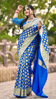 HouseOfCommon Woven, Embellished Banarasi Silk Blend Saree(Light Blue)