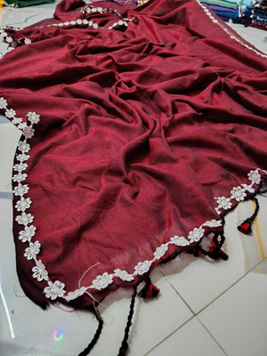 TWRIL Solid/Plain, Embroidered Handloom Cotton Blend Saree(Maroon)