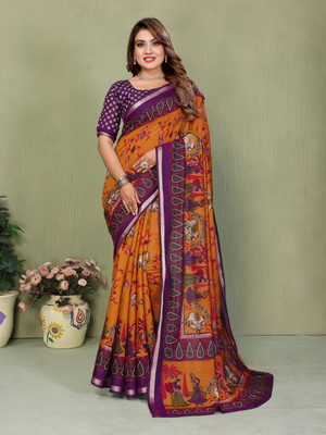 Sarly Printed Bollywood Cotton Blend Saree(Mustard)