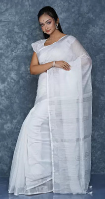 BongSaree Self Design Handloom Handloom Cotton Blend Saree(White)