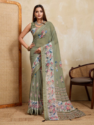 RekhaManiyar Printed Saree with Attached Blouse Georgette Saree(Green)