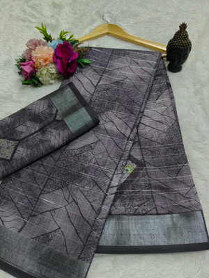 HangerStories Printed Kanjivaram Linen, Cotton Linen Saree(Black)