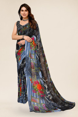 kashvi sarees Ombre, Geometric Print Daily Wear Georgette Saree(Grey, Blue, Black)