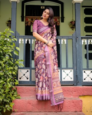 ALMAARI FASHION Digital Print Handloom Cotton Blend Saree(Purple)