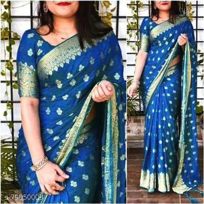 LEAFSY Self Design Banarasi Jacquard Saree(Blue)