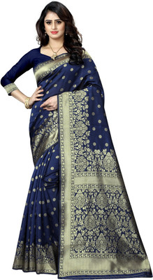 Shoppershopee Woven Kanjivaram Silk Blend, Art Silk Saree(Dark Blue)