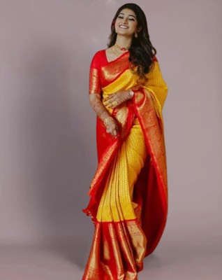 AMRUTKALA SAREES Woven Banarasi Silk Blend Saree(Yellow)