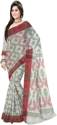 Pradip Fabrics Geometric Print Tant Cotton Blend Saree(Cream)