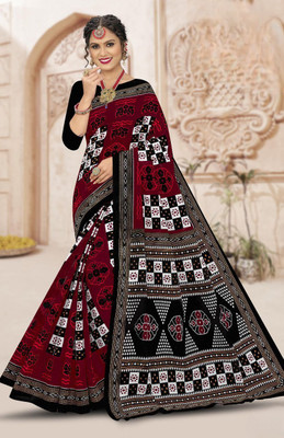 Ethnicsundari Printed Daily Wear Pure Cotton Saree(Black, Maroon)