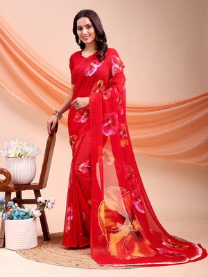 VIBHAGYAA Printed Daily Wear Chiffon Saree(Pack of 2, Red)