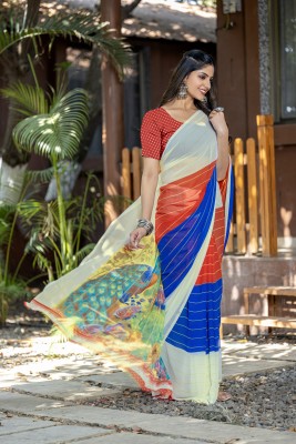 Leelavati Printed Daily Wear Chiffon Saree(White, Red, Blue)