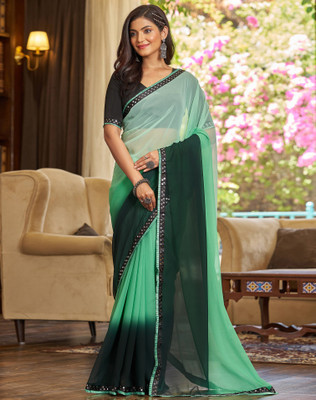 SIRIL Ombre, Solid/Plain, Embellished Bollywood Georgette Saree(Green)