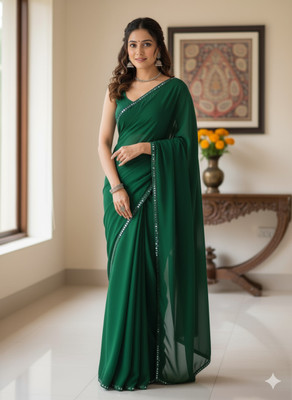 LA LILY Embellished, Solid/Plain, Self Design Bollywood Georgette Saree(Green)