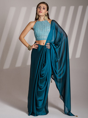 Kalista Embellished, Solid/Plain, Dyed Bollywood Chiffon Saree(Blue)
