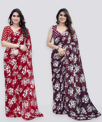 Anand Sarees Floral Print Daily Wear Georgette Saree(Pack of 2, Red, Brown)