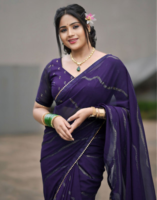 Samah Printed Bollywood Georgette, Chiffon Saree(Dark Blue)