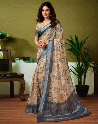 Samah Printed Bollywood Linen Saree(Cream)