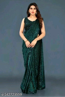 PLEXSTAR Floral Print Bollywood Lycra Blend Saree(Green)