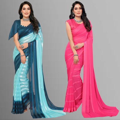 Anand Sarees Embellished, Ombre, Striped Bollywood Satin Saree(Pack of 2, Dark Blue, Light Blue, Pink)