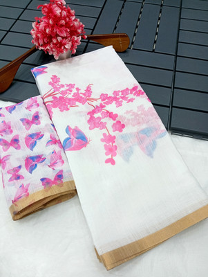 HouseOfCommon Floral Print Kanjivaram Pure Cotton, Cotton Linen Saree(White, Pink)