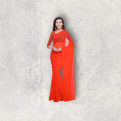 WWQ Solid/Plain Bandhani Georgette Saree(Red)