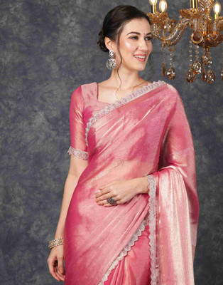 DHARMEE Embellished, Self Design, Solid/Plain, Applique, Woven, Embroidered Bollywood Silk Blend, Lace Saree(Pink)