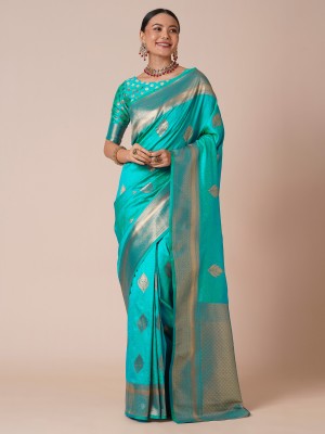 Sareemall Embellished Banarasi Silk Blend Saree(Light Blue)