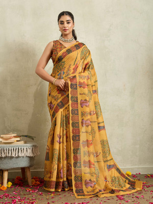 Rachna Printed Bollywood Cotton Blend Saree(Mustard)