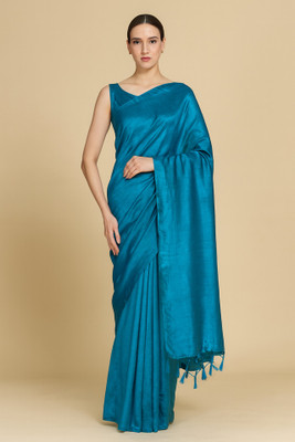 sareen Solid/Plain Bollywood Tissue, Pure Silk Saree(Blue)