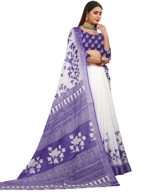HouseOfCommon Woven Kanjivaram Pure Cotton, Cotton Linen Saree(White, Blue)