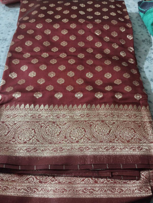 SansaarCloset Woven, Self Design Banarasi Jute Silk Saree(Brown)