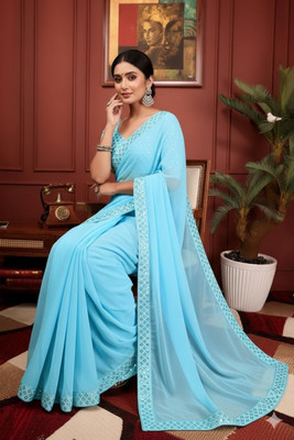 Rajvi Enterprise Embellished Bollywood Georgette Saree(Light Blue)