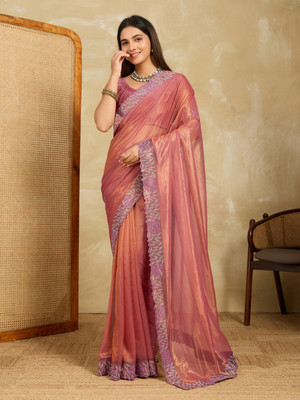 SARETRA MALL Solid/Plain, Floral Print Bollywood Organza, Tissue Saree(Pink)