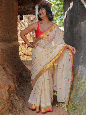 trogon Embroidered Handloom Pure Cotton Saree(Cream)