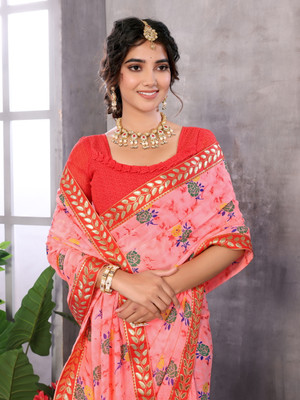 YASHIKA Printed Bandhani Georgette, Lace Saree(Pink)