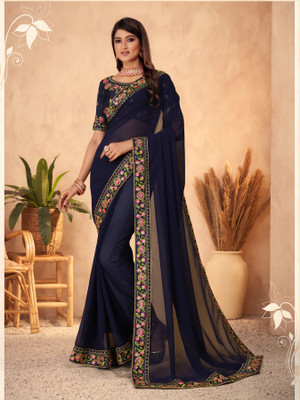 Tejal Creation Embroidered Bollywood Georgette Saree(Blue)