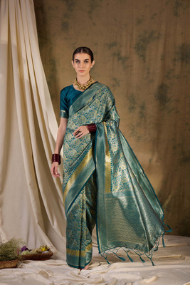 Sangria Woven Saree with Attached Blouse Silk Blend Saree(Blue)