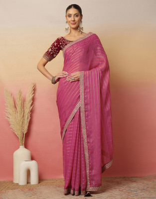 Sangria Striped, Embellished, Embroidered Bollywood Georgette Saree(Pink)