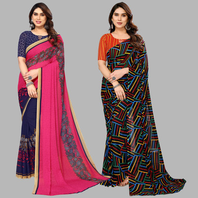 kashvi sarees Self Design, Printed Daily Wear Georgette Saree(Pack of 2, Pink, Dark Blue, Multicolor)