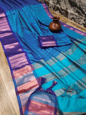 VRINDITA FASHION Embellished Kanjivaram Cotton Silk Saree(Light Blue)