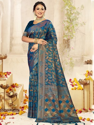 BUNAWAT Woven Handloom Satin Saree(Blue)