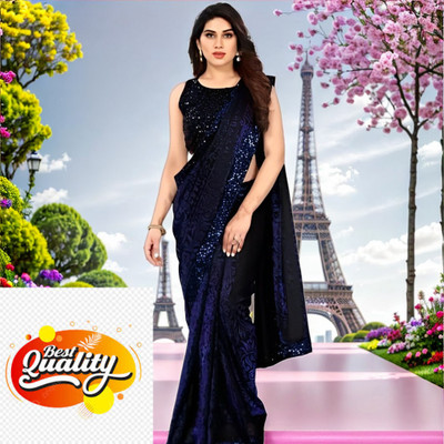 Online Bazaaar Solid/Plain Bollywood Lycra Blend Saree(Dark Blue)