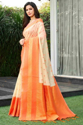 ROOP LAVANYA Woven Kanjivaram Pure Silk Saree(Cream, Orange)