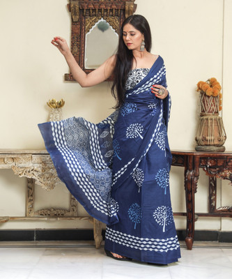 Craftmusium Printed, Color Block, Blocked Printed, Floral Print, Dyed Daily Wear Pure Cotton Saree(Blue)
